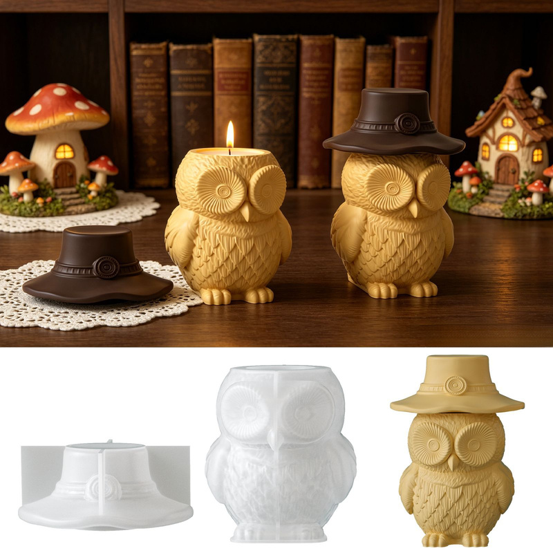 Candle Supplies Jars - フクロウ型の蓋付き保存瓶用シリコンモールド2セット、装飾品付きDIYアロマセラピー石膏キャンドルカップモールド