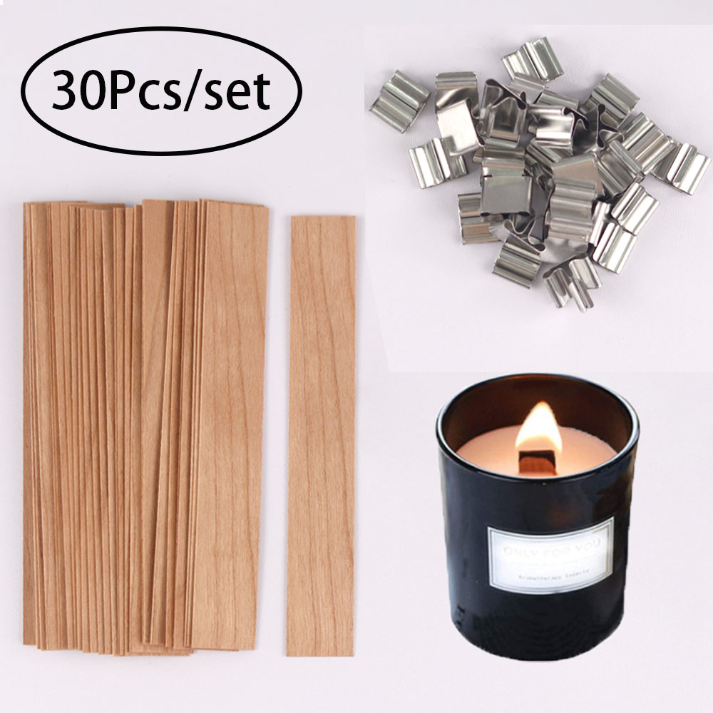 Candle Supplies Jars - 30 個の木製キャンドル芯キャンドル作成セット芯クリップベース付き自然に無煙木製コア DIY キャンドルジャー作成ツール